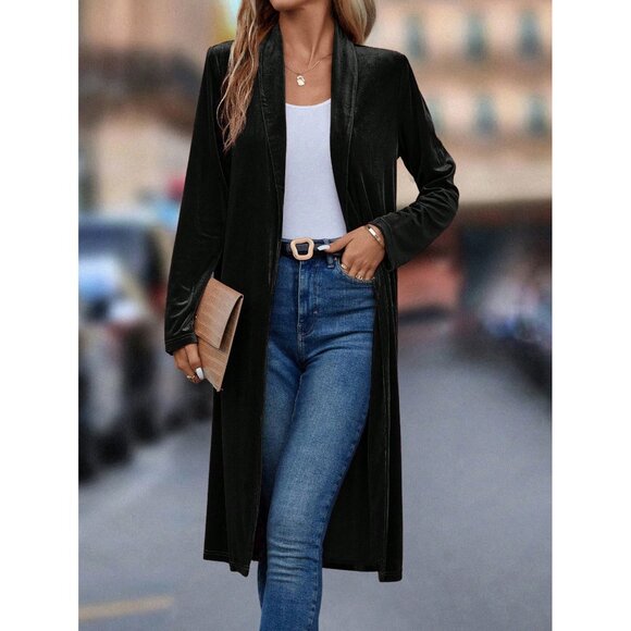 Long velvet cardigan duster coat fold over collar black - Picture 1 of 3